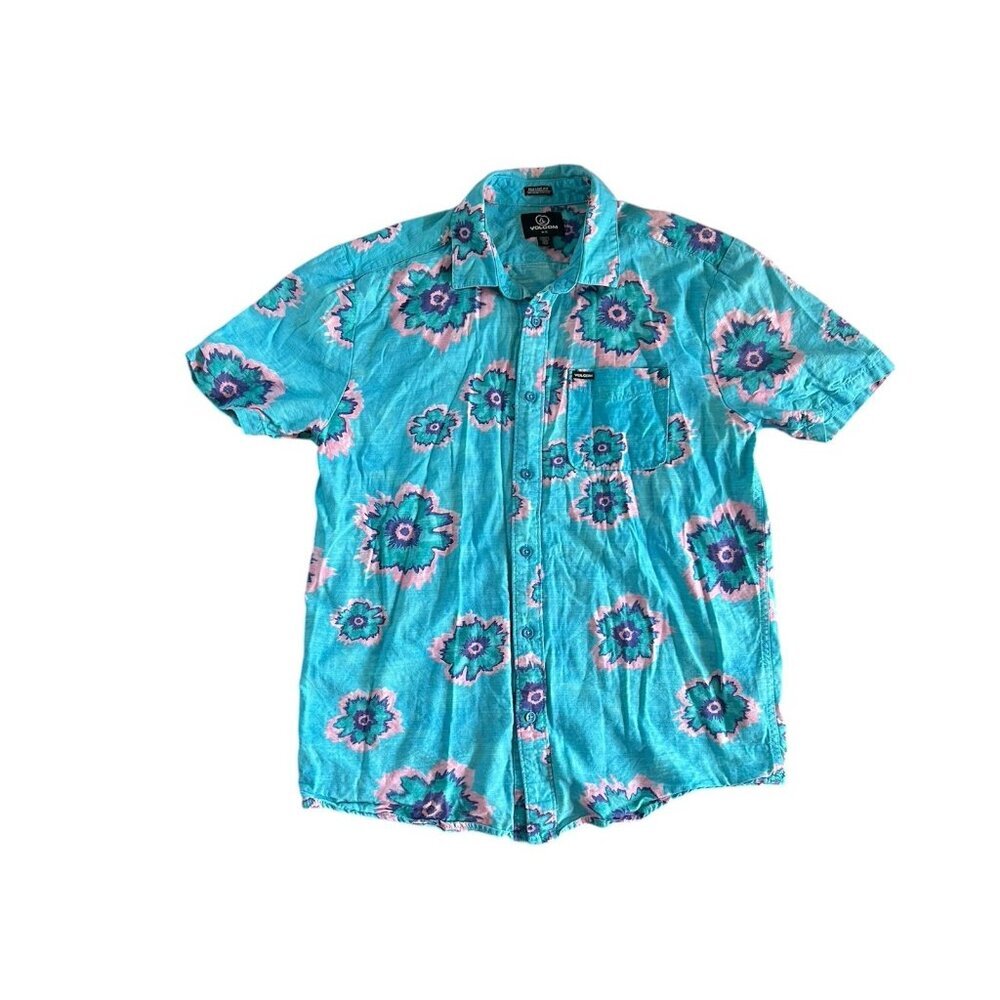 Volcom‎ Shirt Mens Sz M Turquoise & Pink Aztec Classic Fit Button Up Casual Top